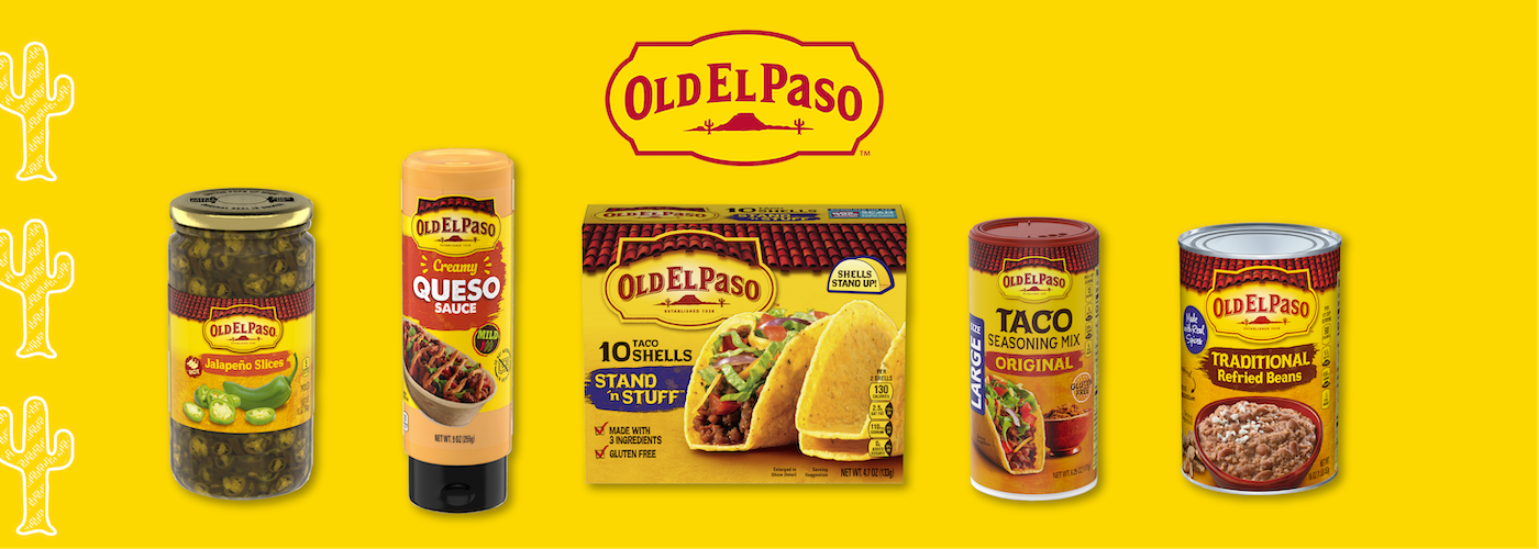 Old El Paso branded Mexican food products against a yellow background. A jar labeled Jalapeno Slices, another jar labeled Queso Sauce, a box of 10 Tortillas Stand 'N Stuff Soft Flour Tortillas, a packet labeled “Taco Seasoning Mix Original, and finally, a can of Traditional Refried Beans.